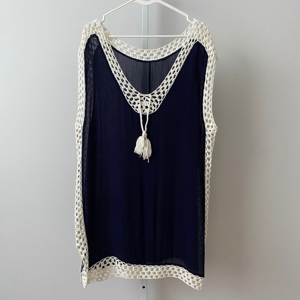 Boho Coastal Beachy Crochet Trim Tassel Sheer Swim Cover Up OS Navy